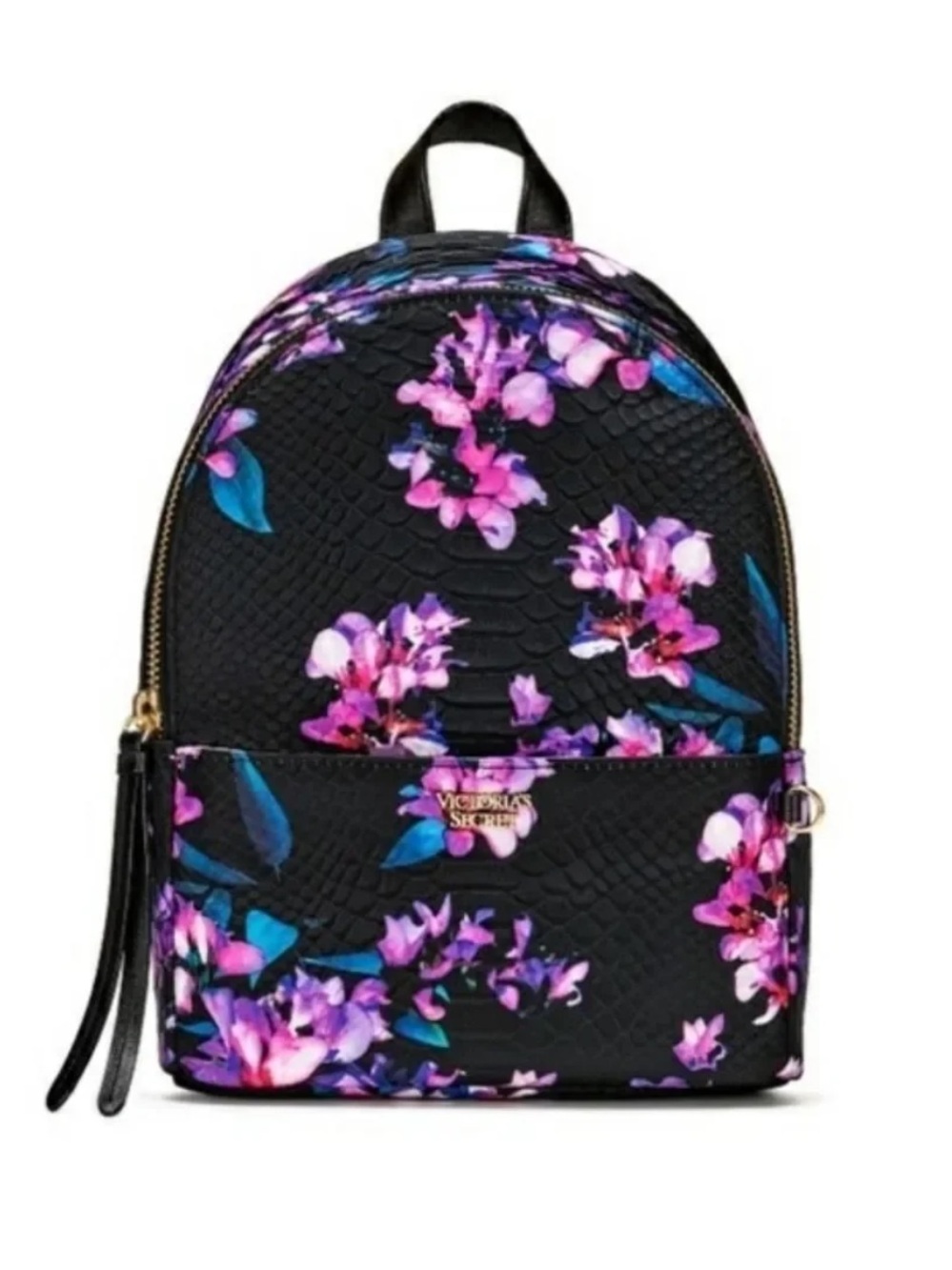 Victoria's Secret Black Floral Mini Backpack with Pink & Purple Blooms